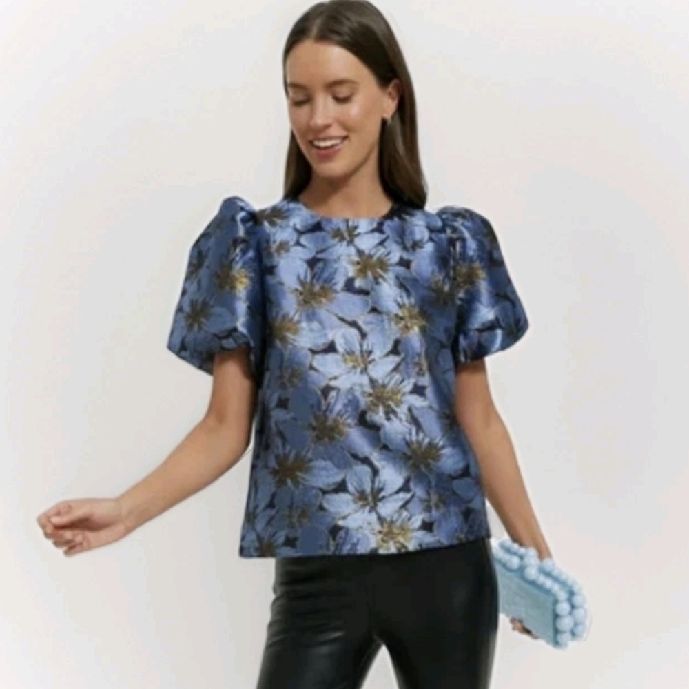 Pomander Place Blue Metallic Floral Puff-Sleeve Blouse